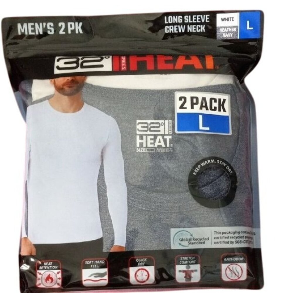 32 Degrees Heat Size L Mens Shirts 2 Pack Long Sleeve Crew Neck Heather Navy NEW